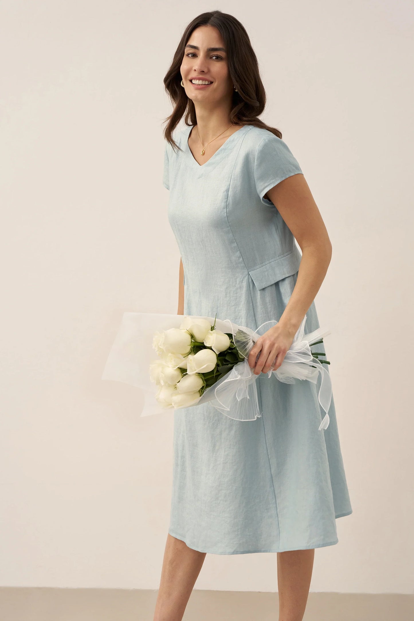 Cecily | Women’s Linen Summer V-Neck Fit-And-Flare Dress