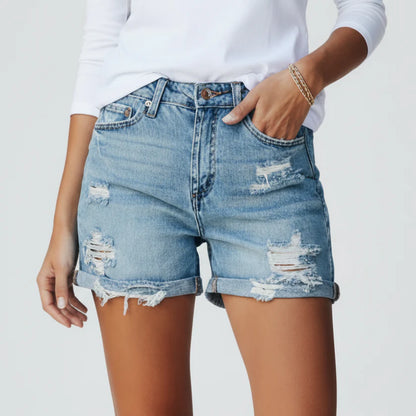 Hensley | Women’s Distressed Frayed Hem Denim Shorts