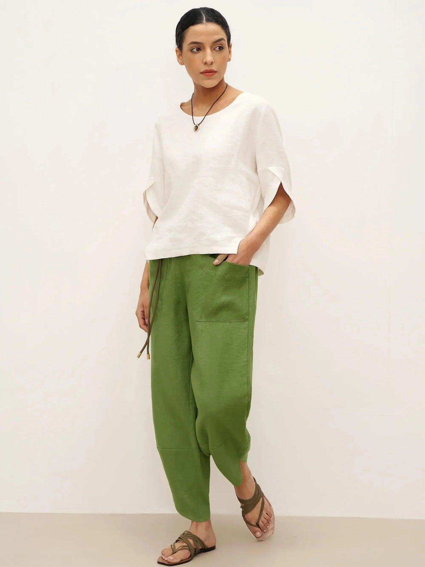 Alana | Women’s Linen Petal-Hem Elastic Waist Trousers