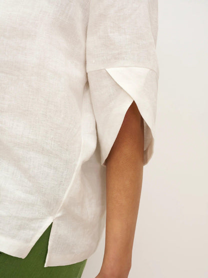 Marley | Women’s Linen Round Neck Petal Sleeve Blouse