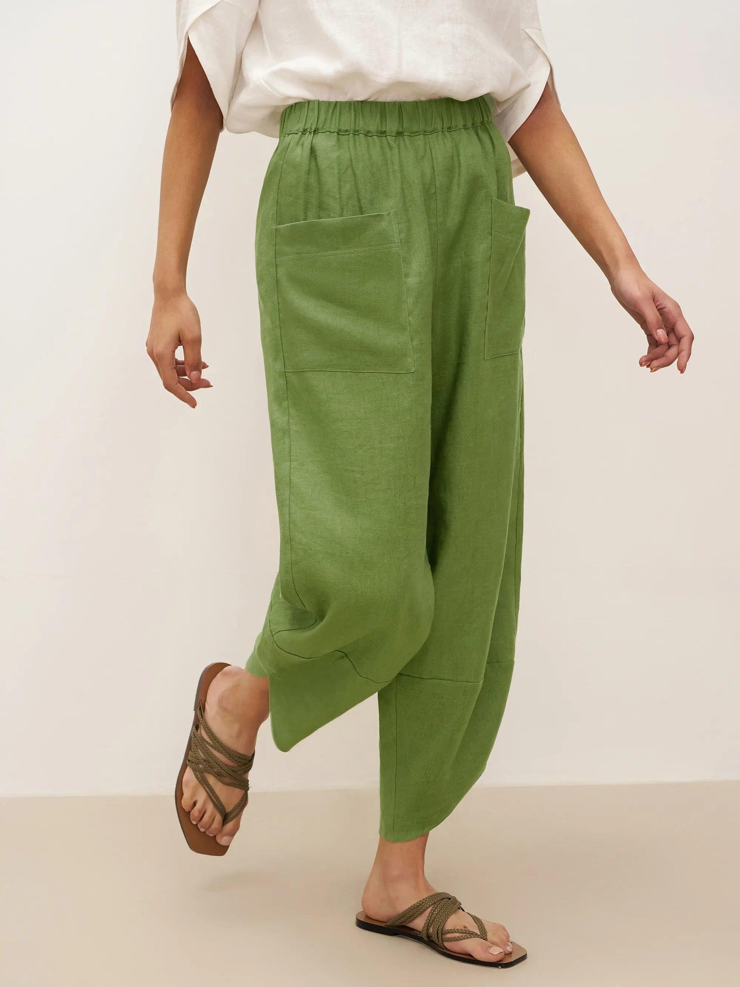 Alana | Women’s Linen Petal-Hem Elastic Waist Trousers