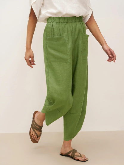Alana | Women’s Linen Petal-Hem Elastic Waist Trousers