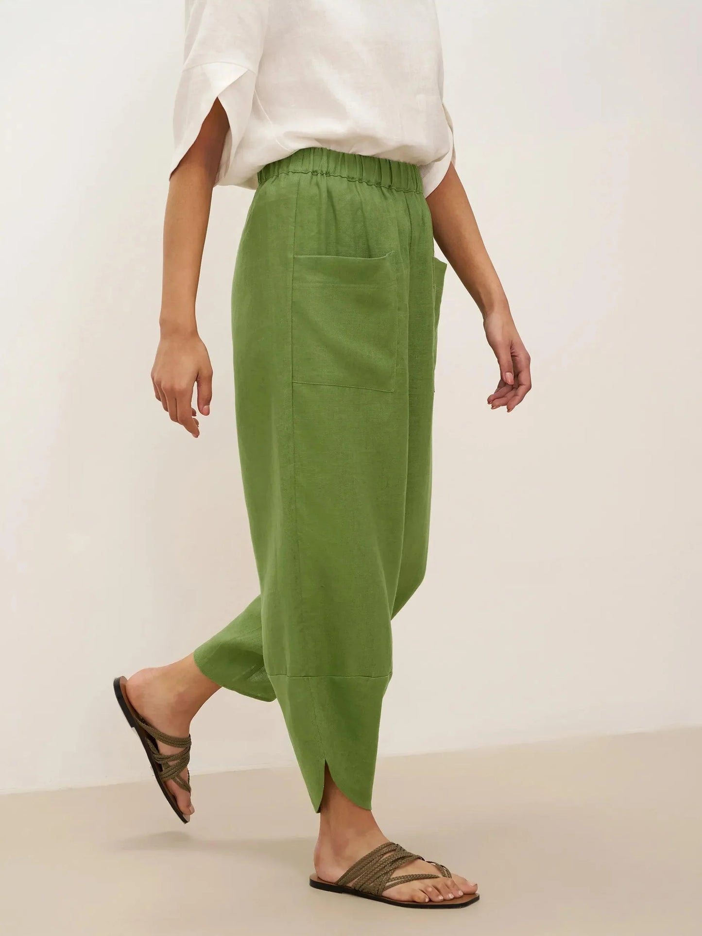 Alana | Women’s Linen Petal-Hem Elastic Waist Trousers