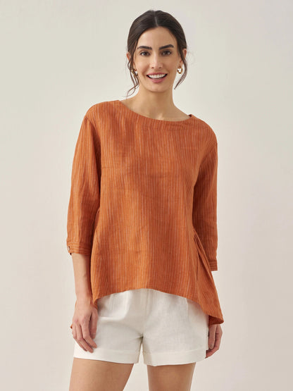 Avery | Women’s Linen Round Neck Artistic Stripe Shirt
