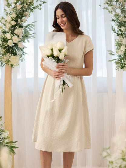Cecily | Women’s Linen Summer V-Neck Fit-And-Flare Dress