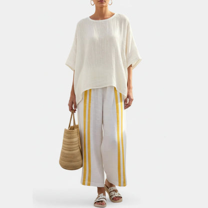 Remi | Women’s Elegant Striped Linen Top and Wide-Leg Pants Set