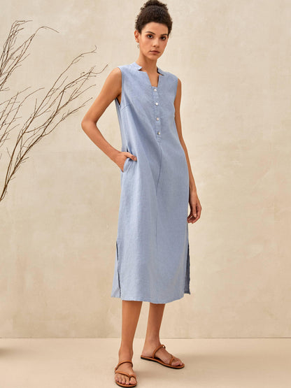 Luna | Women’s Linen Sleeveless Straight High-Slit Maxi Dress