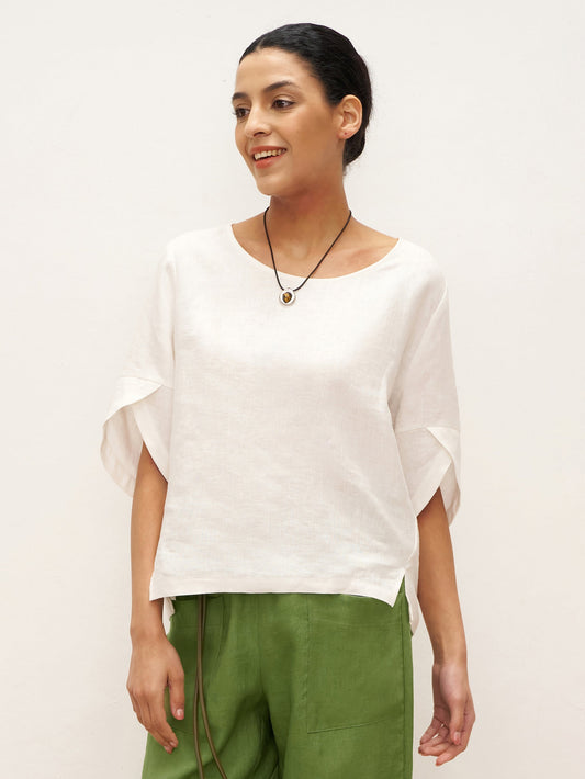 Marley | Women’s Linen Round Neck Petal Sleeve Blouse