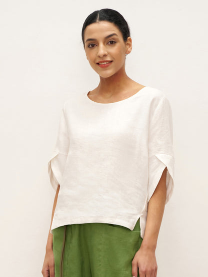 Marley | Women’s Linen Round Neck Petal Sleeve Blouse