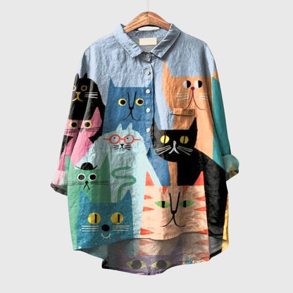Kennedy | Women’s Cat Print Button Up Blouse