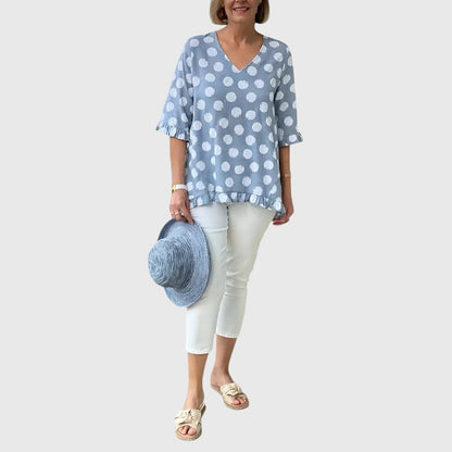 Hazel | Women’s Blue Polka Dot V-Neck Blouse
