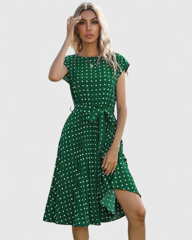 Marigene | Women’s Tie-Waist Polka Dot Cap Sleeve Midi Dress