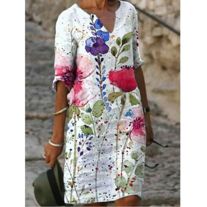 Sienna | Women’s Floral V-Neck Midi Dress with Artistic Print
