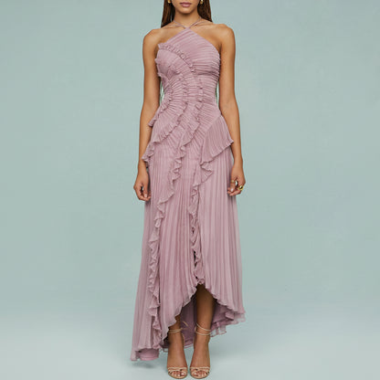 Brynlee | Women’s Pleated Ruffle Halter Midi Dress