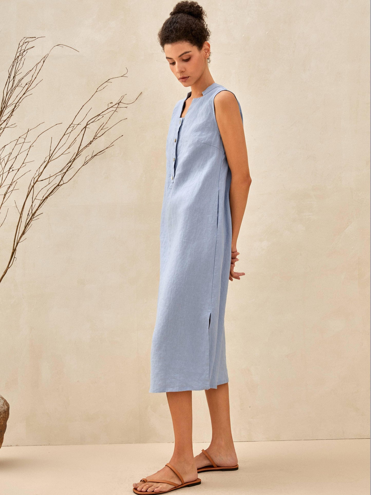 Luna | Women’s Linen Sleeveless Straight High-Slit Maxi Dress