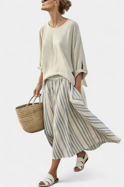 Shiloh | Women’s Comfortable Loose Blouse and Striped Midi Skirt Set