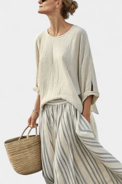 Shiloh | Women’s Comfortable Loose Blouse and Striped Midi Skirt Set