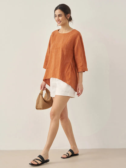 Avery | Women’s Linen Round Neck Artistic Stripe Shirt