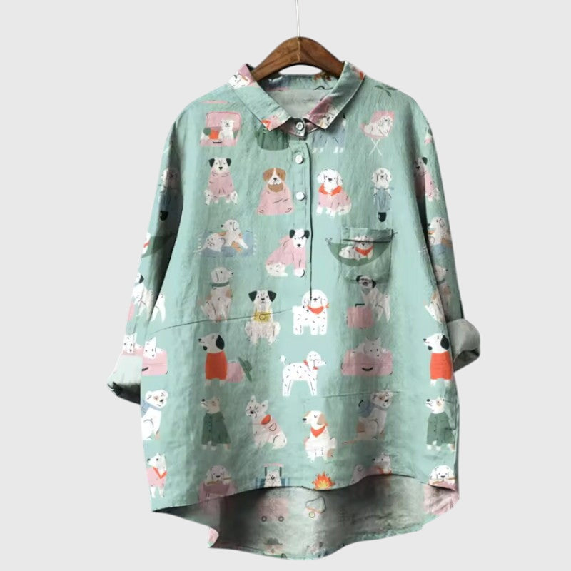 Piper | Women’s Cute Cat Print Button Up Blouse