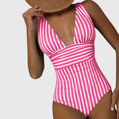 Zivara | Women’s Striped V Neck One Piece Swimsuit