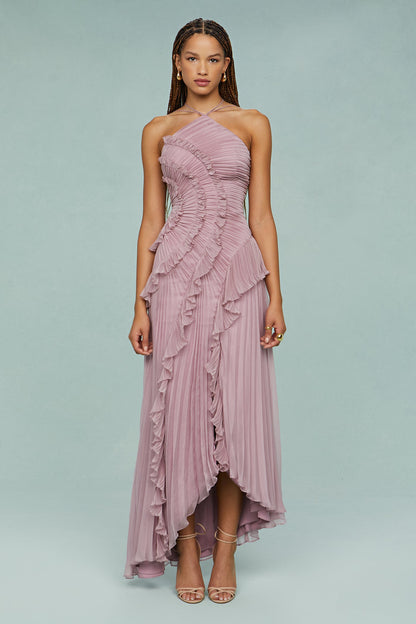 Brynlee | Women’s Pleated Ruffle Halter Midi Dress