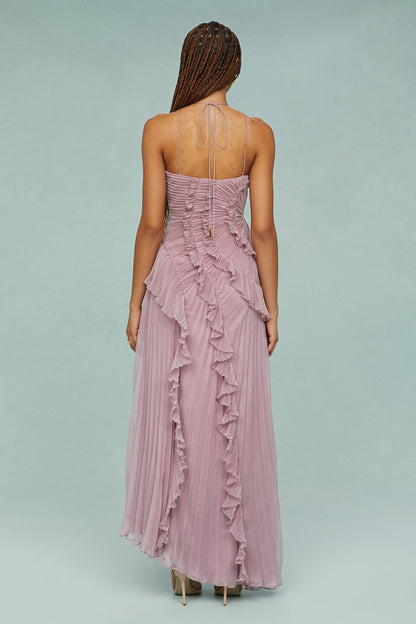 Brynlee | Women’s Pleated Ruffle Halter Midi Dress