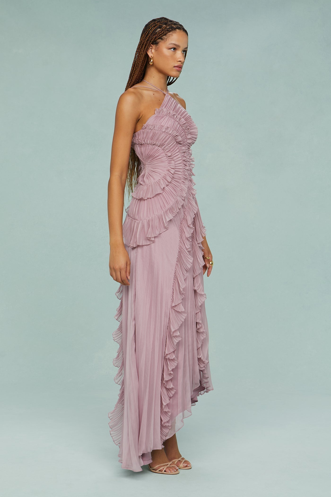 Brynlee | Women’s Pleated Ruffle Halter Midi Dress