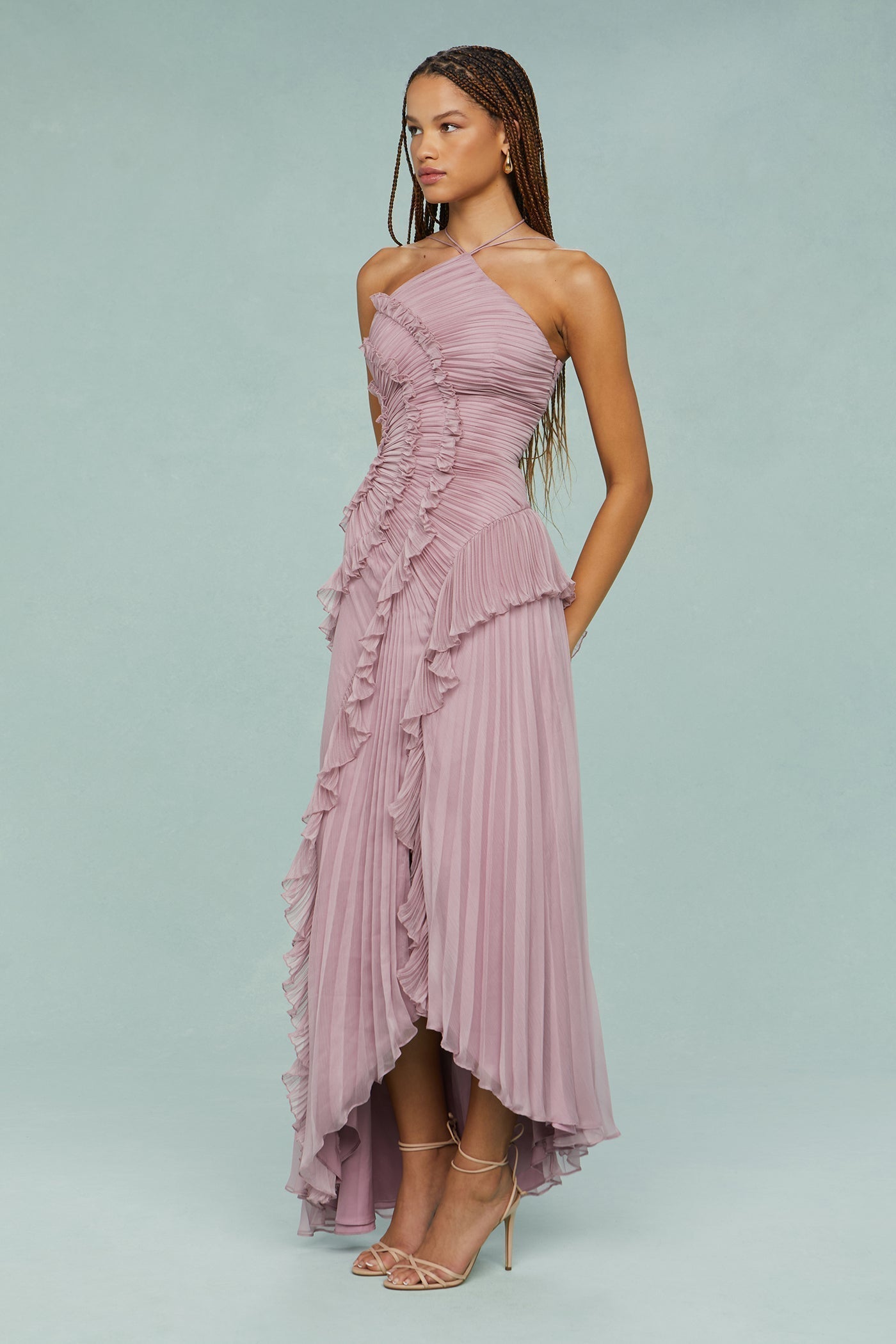 Brynlee | Women’s Pleated Ruffle Halter Midi Dress