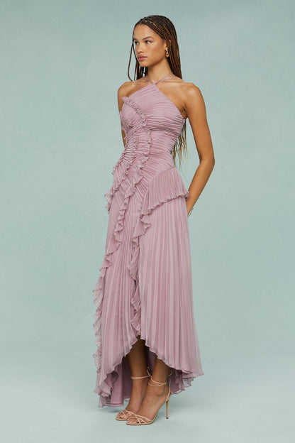 Brynlee | Women’s Pleated Ruffle Halter Midi Dress