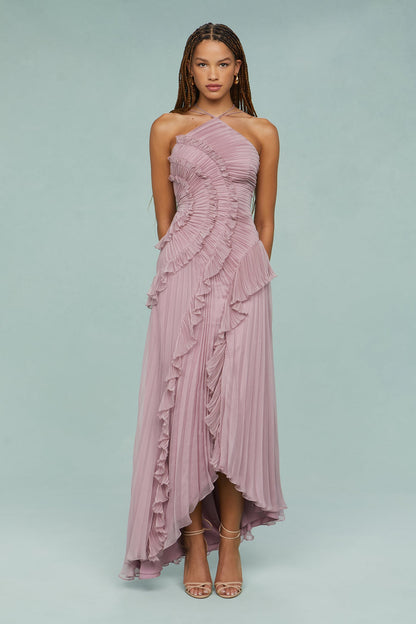 Brynlee | Women’s Pleated Ruffle Halter Midi Dress
