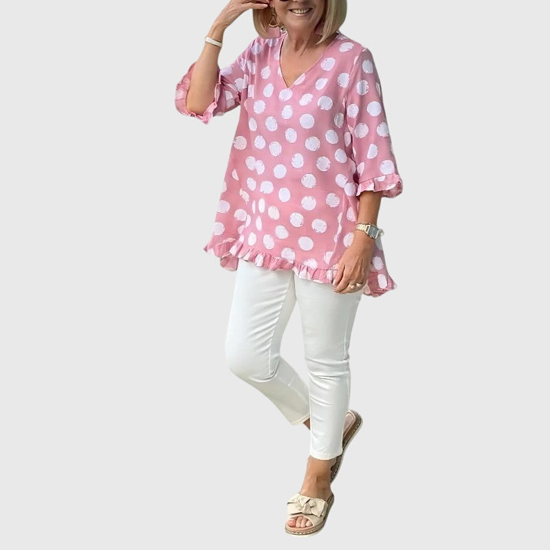 Hazel | Women’s Blue Polka Dot V-Neck Blouse