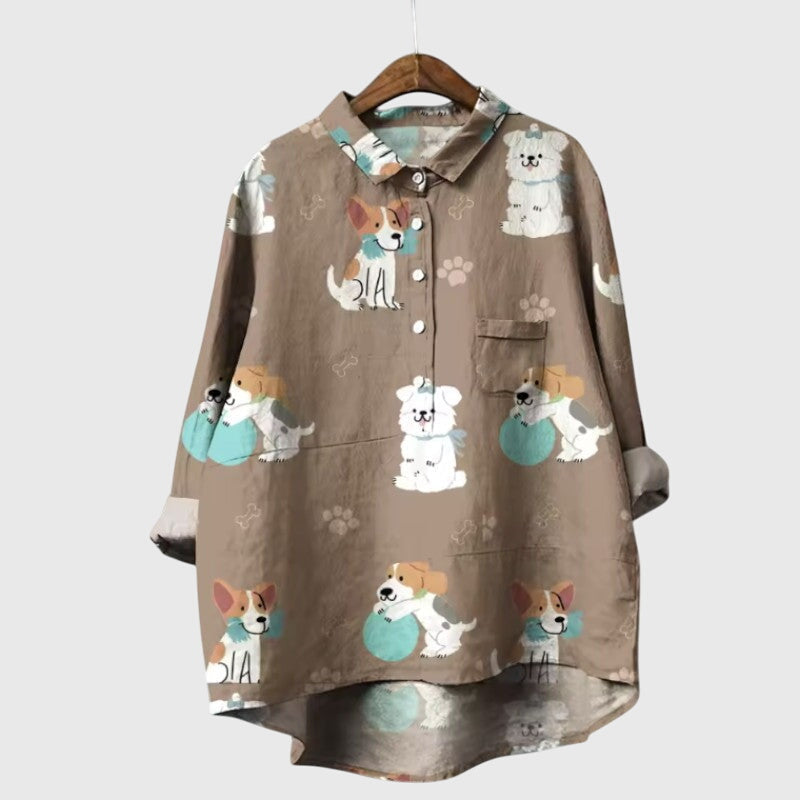Piper | Women’s Cute Cat Print Button Up Blouse