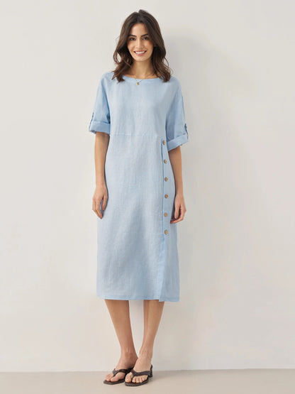 Delaney | Women’s Linen Round Neck Button Detail Midi Dress