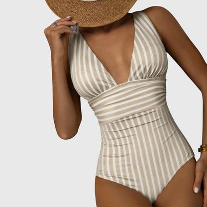 Zivara | Women’s Striped V Neck One Piece Swimsuit