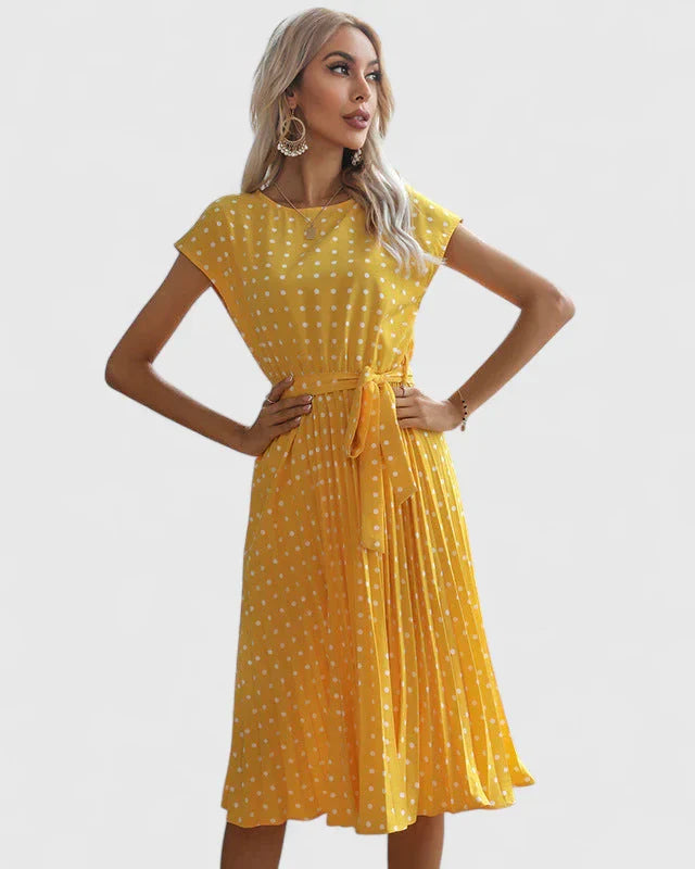 Marigene | Women’s Tie-Waist Polka Dot Cap Sleeve Midi Dress