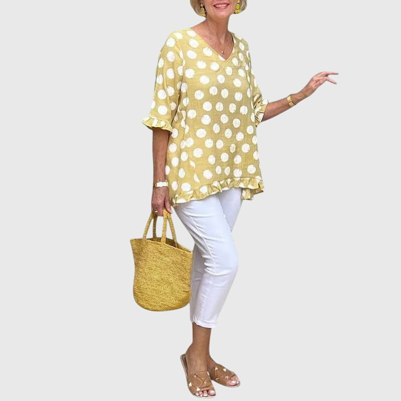 Hazel | Women’s Blue Polka Dot V-Neck Blouse