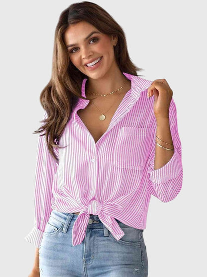 Kennedi | Women’s Striped Tie Front Collared Shirt