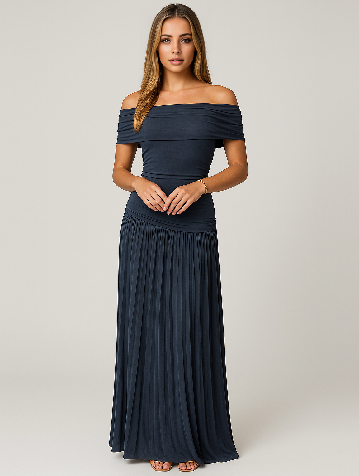 Odette | Women’s Pleated Off-Shoulder Maxi Dress for Wedding Guests