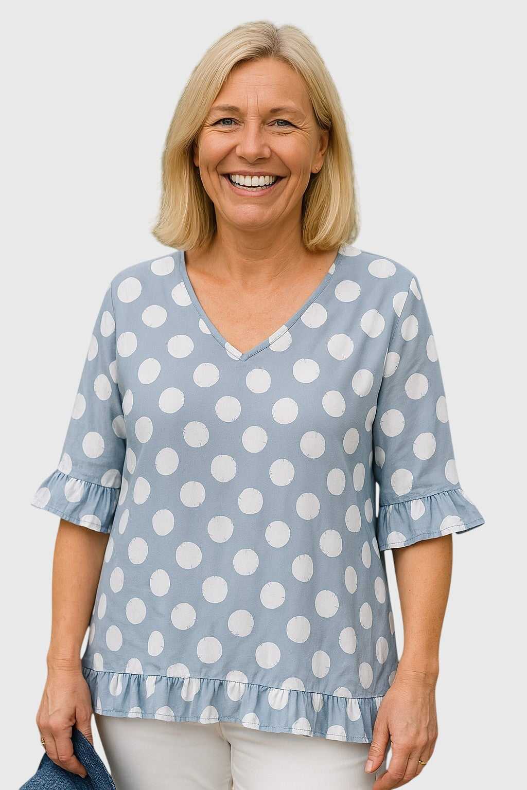 Hazel | Women’s Blue Polka Dot V-Neck Blouse