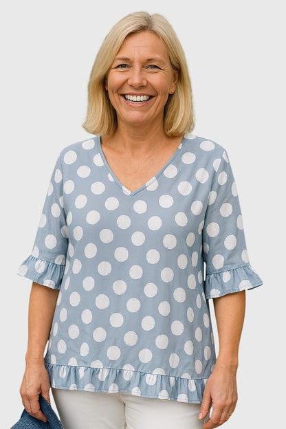 Hazel | Women’s Blue Polka Dot V-Neck Blouse