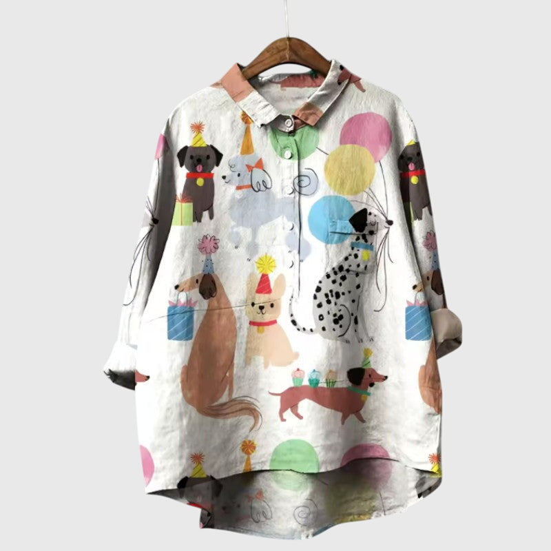 Piper | Women’s Cute Cat Print Button Up Blouse