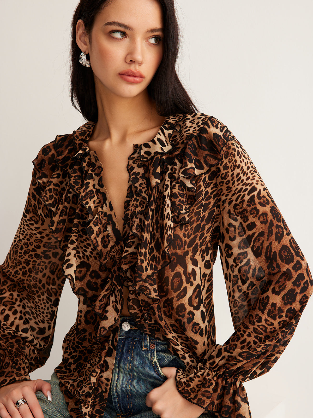 Beverly | Women’s Summer Leopard Ruffle Neck Blouse