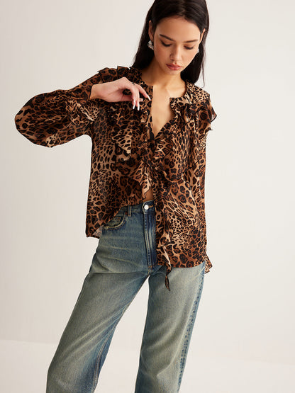 Beverly | Women’s Summer Leopard Ruffle Neck Blouse