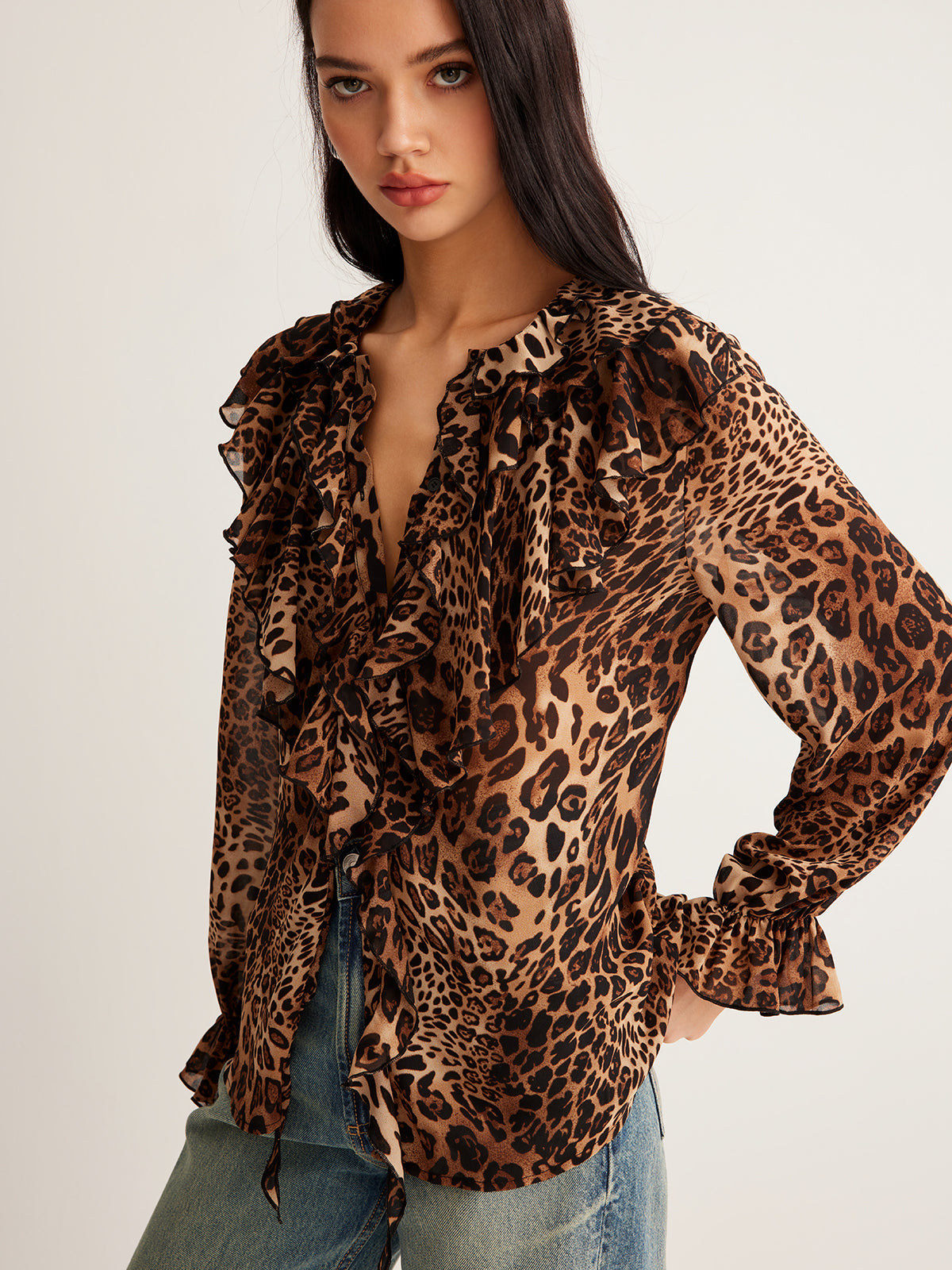 Beverly | Women’s Summer Leopard Ruffle Neck Blouse
