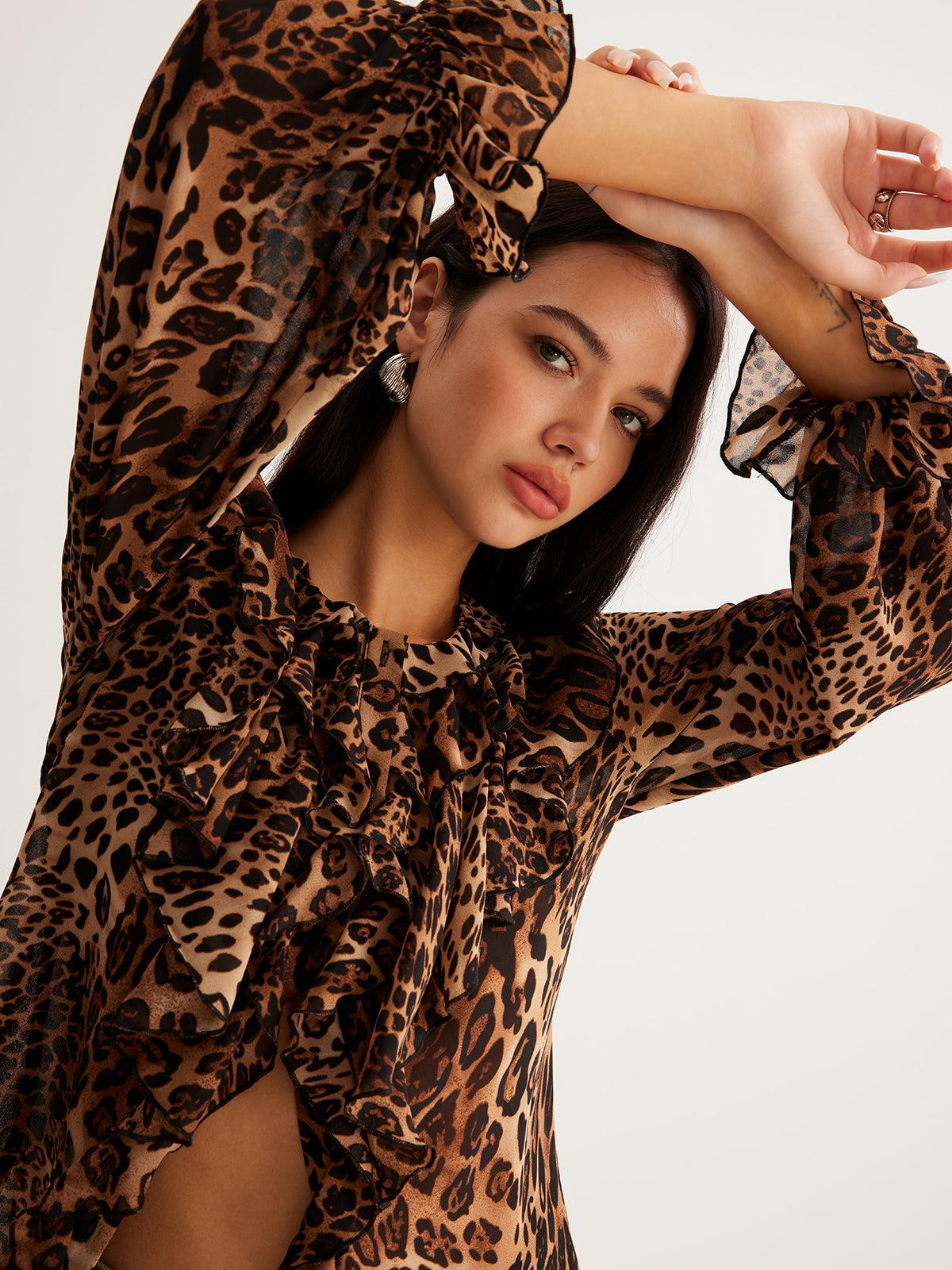 Beverly | Women’s Summer Leopard Ruffle Neck Blouse