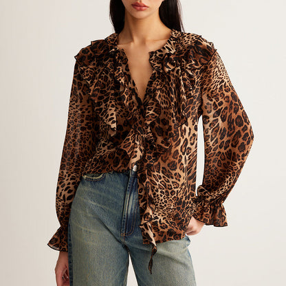Beverly | Women’s Summer Leopard Ruffle Neck Blouse