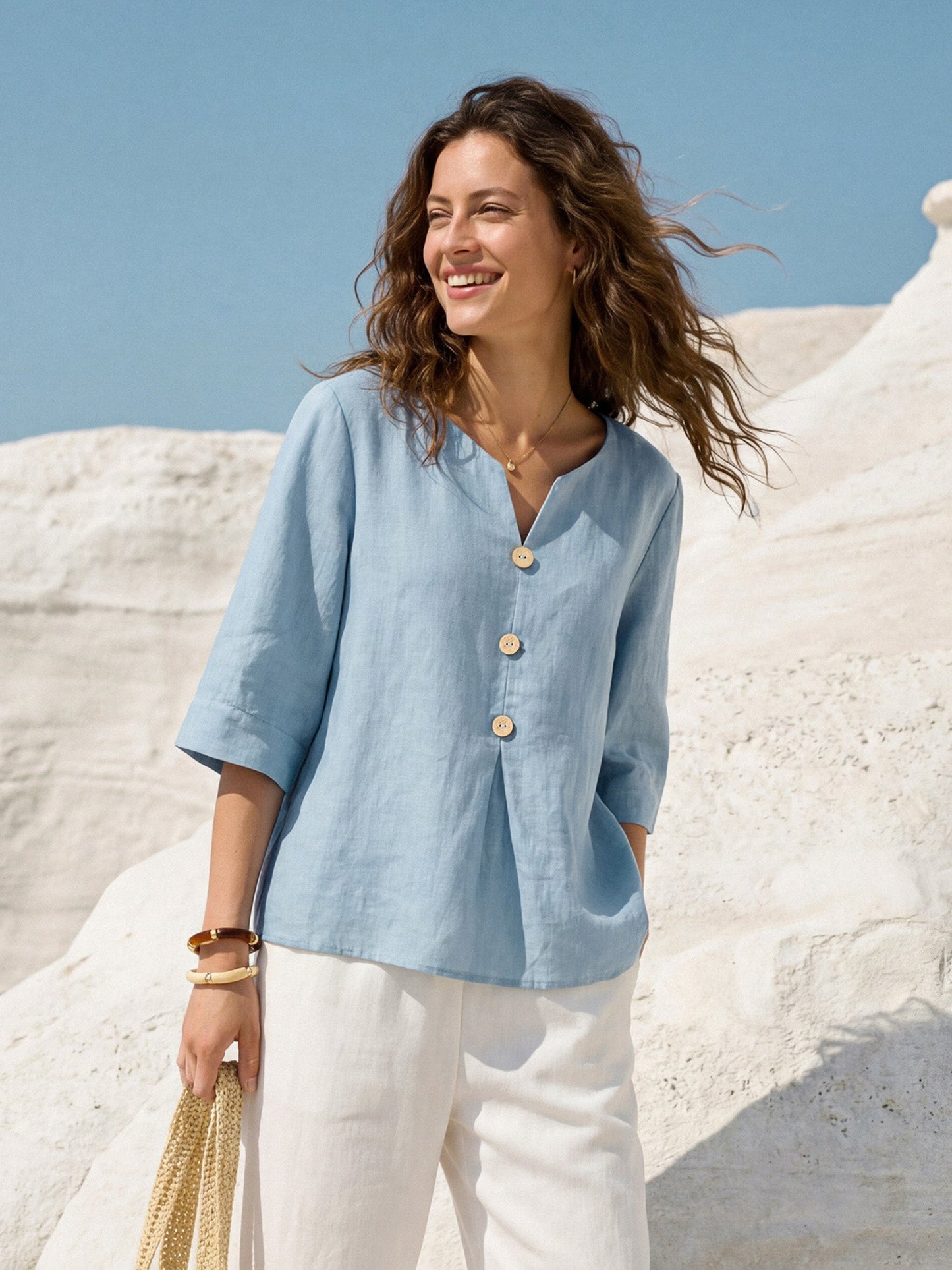 Skylar | Women’s Linen Split Neck Inverted Pleat Blouse