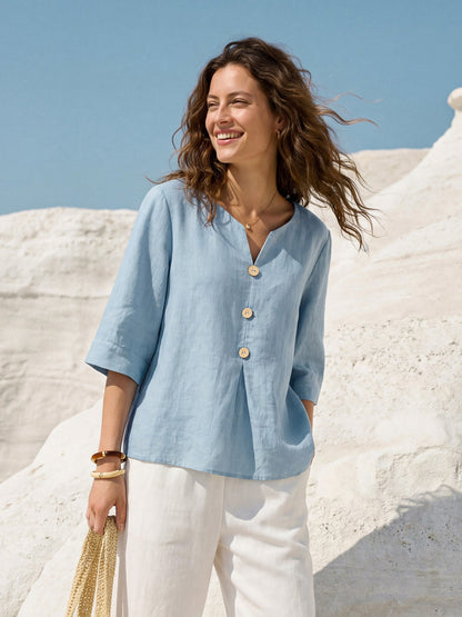 Skylar | Women’s Linen Split Neck Inverted Pleat Blouse