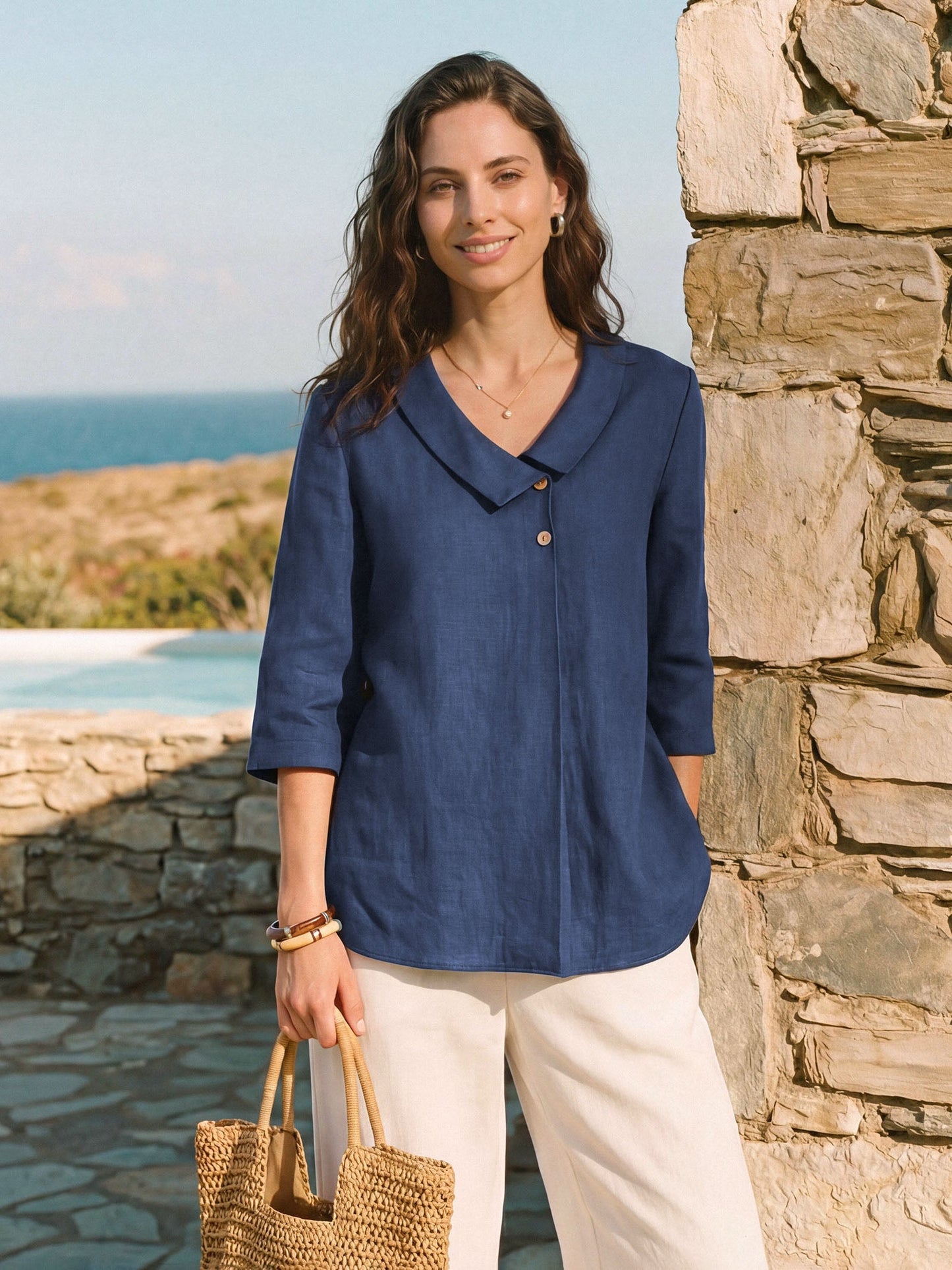 Blaire | Women’s Blue Linen Asymmetric Collar Pleat Blouse