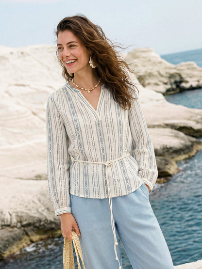 Harlow | Women’s Linen Tribal Stripe Split Neck Boho Blouse